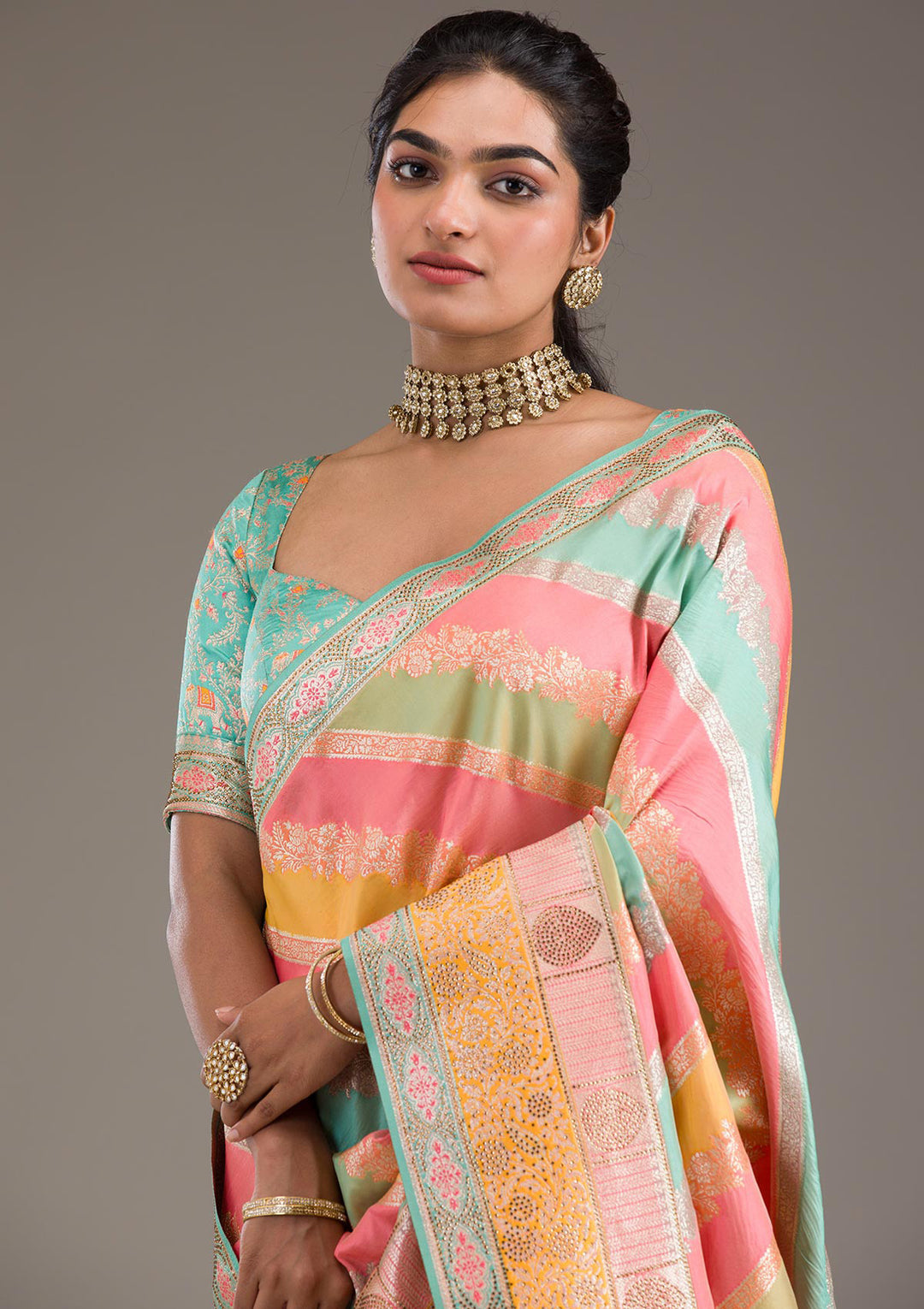 Mustard Swarovski Raw Silk Saree