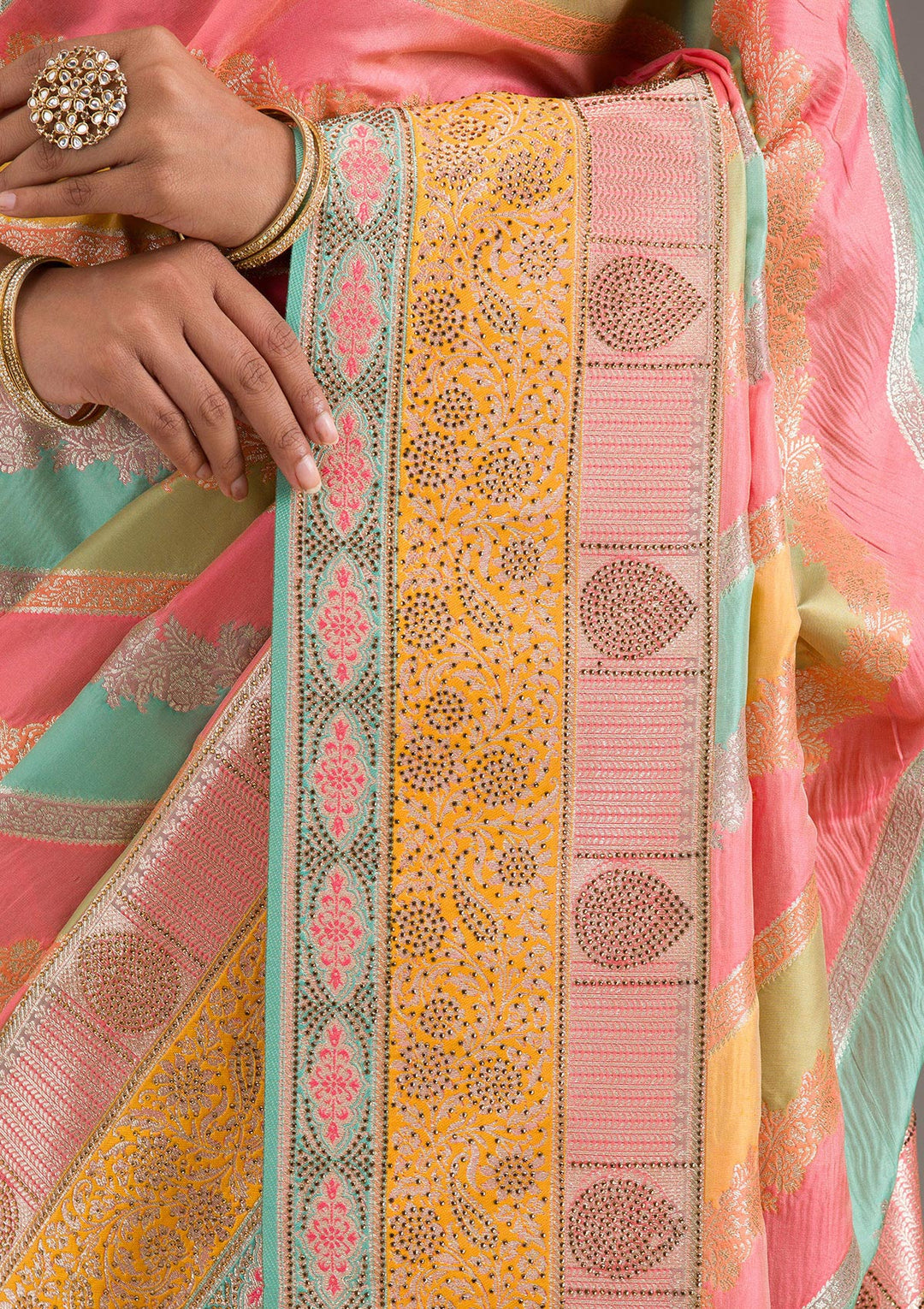 Mustard Swarovski Raw Silk Saree