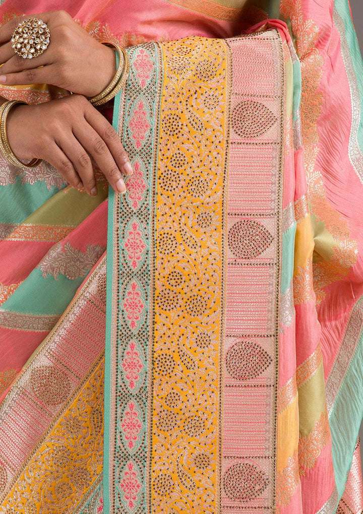 Mustard Swarovski Raw Silk Saree