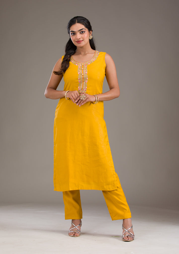 Mustard Threadwork Art Silk Readymade Salwar Suit