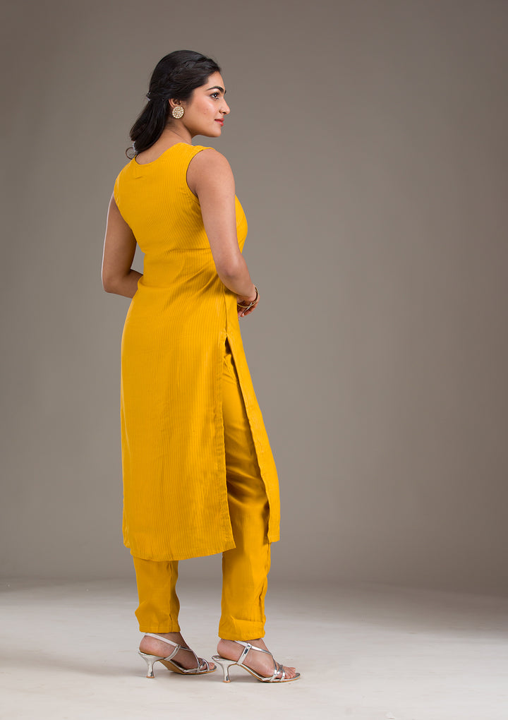 Mustard Threadwork Art Silk Readymade Salwar Suit