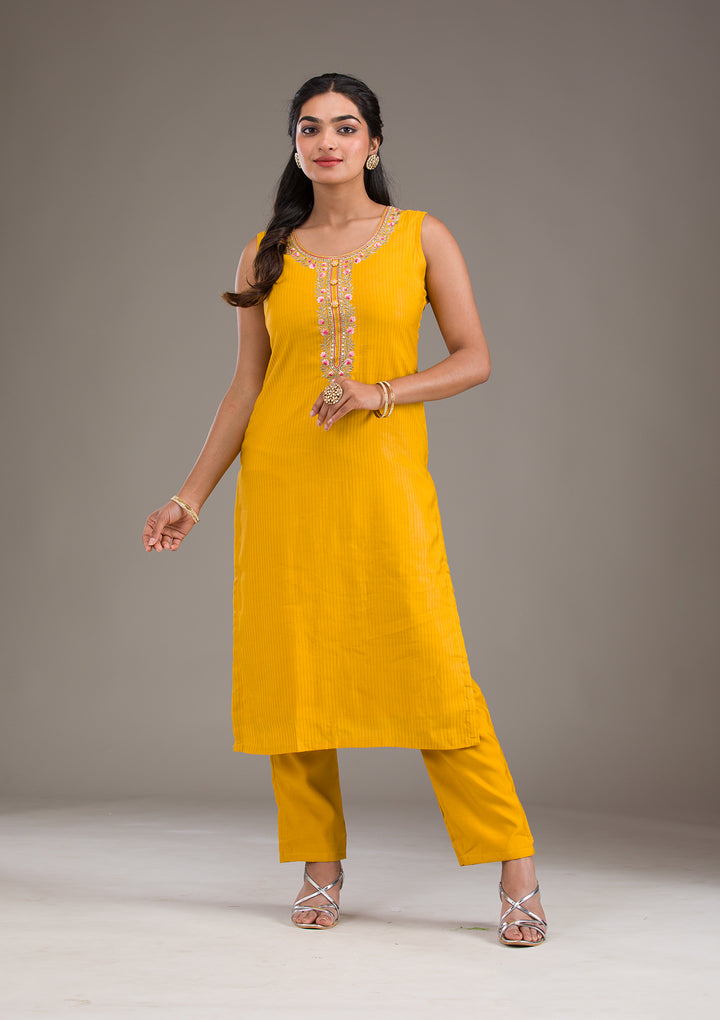 Mustard Threadwork Art Silk Readymade Salwar Suit