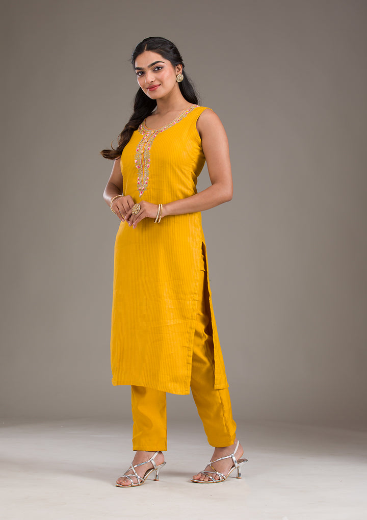 Mustard Threadwork Art Silk Readymade Salwar Suit