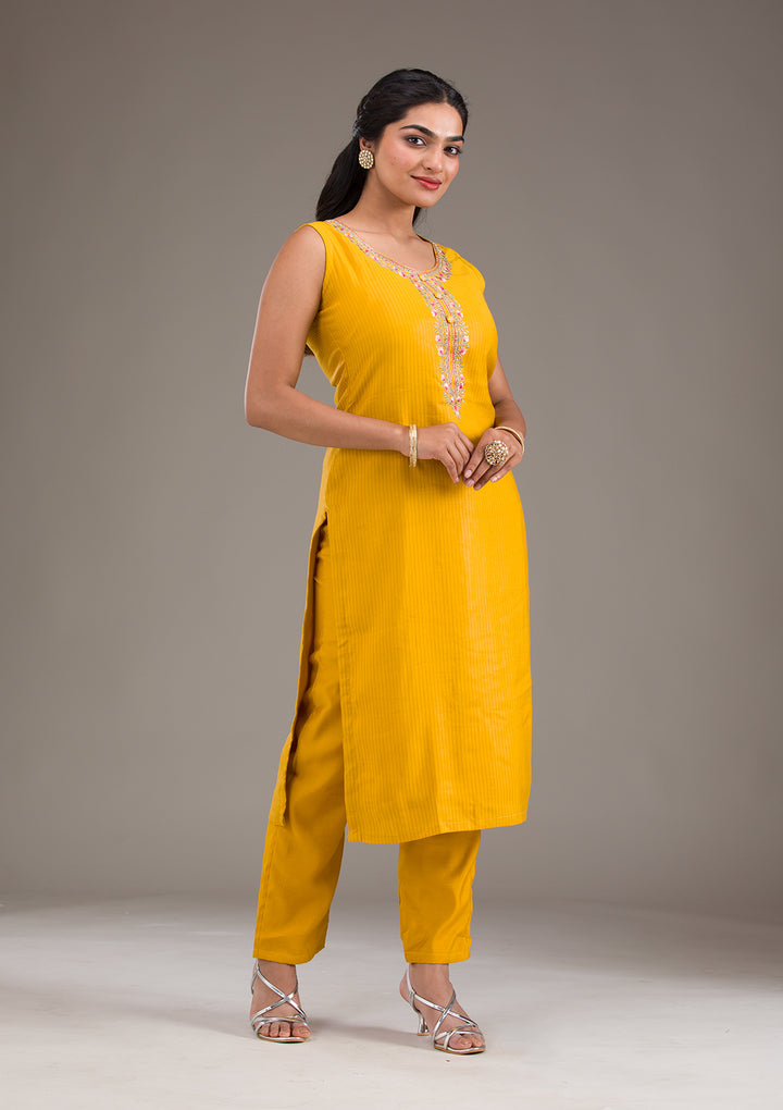 Mustard Threadwork Art Silk Readymade Salwar Suit