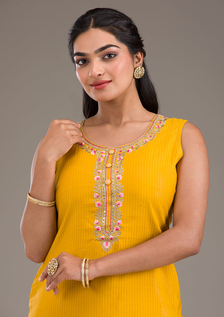 Mustard Threadwork Art Silk Readymade Salwar Suit