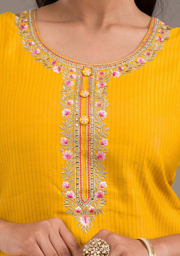 Mustard Threadwork Art Silk Readymade Salwar Suit