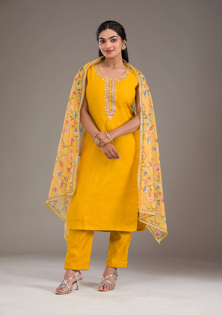 Mustard Threadwork Art Silk Readymade Salwar Suit