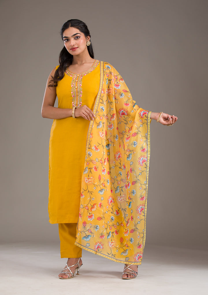 Mustard Threadwork Art Silk Readymade Salwar Suit