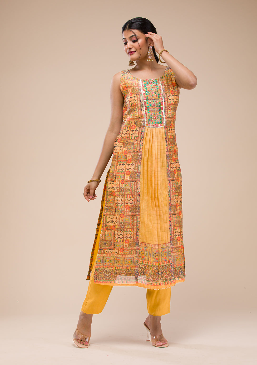 Mustard Threadwork Chanderi Readymade Salwar Suit