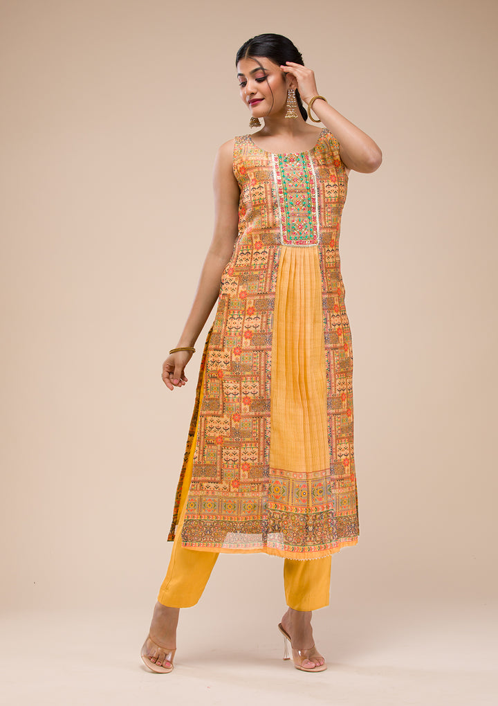 Mustard Threadwork Chanderi Readymade Salwar Suit