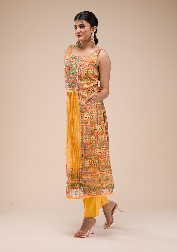Mustard Threadwork Chanderi Readymade Salwar Suit
