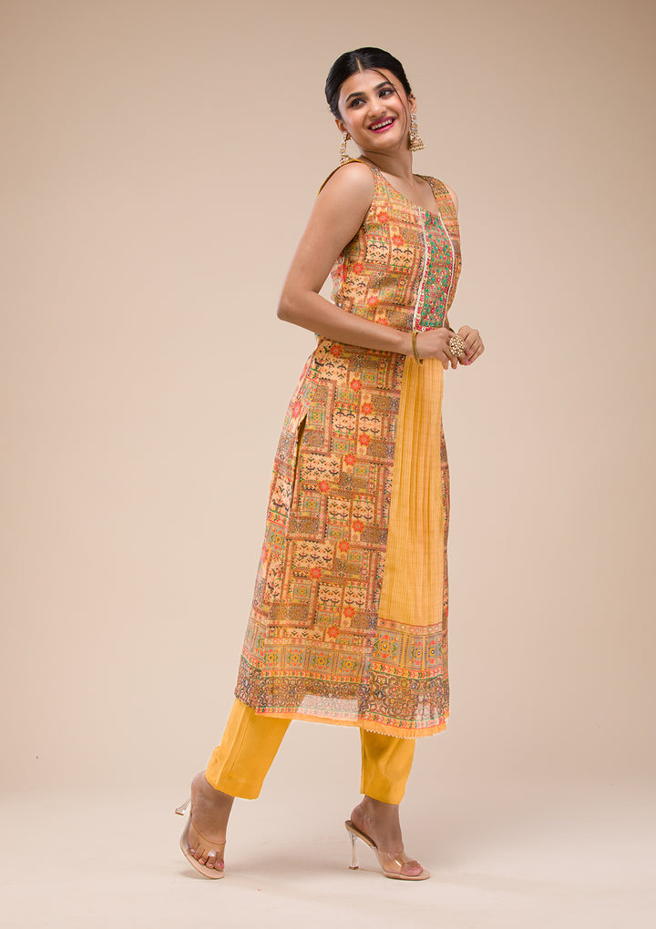 Mustard Threadwork Chanderi Readymade Salwar Suit