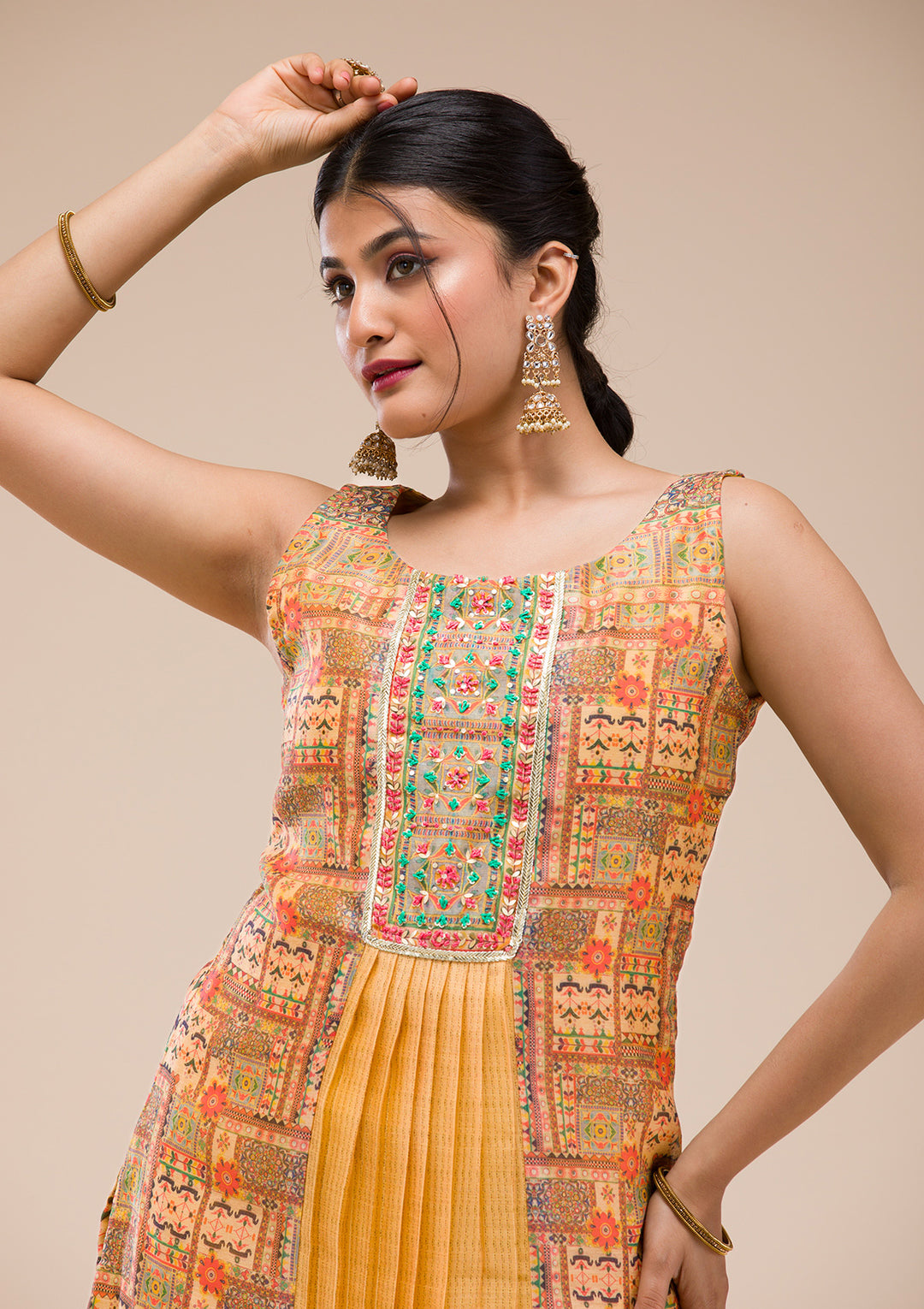 Mustard Threadwork Chanderi Readymade Salwar Suit