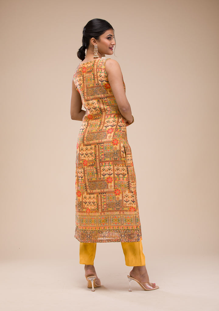 Mustard Threadwork Chanderi Readymade Salwar Suit