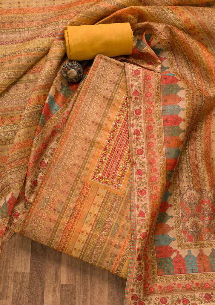 Mustard Threadwork Chanderi Unstitched Salwar Suit-Koskii