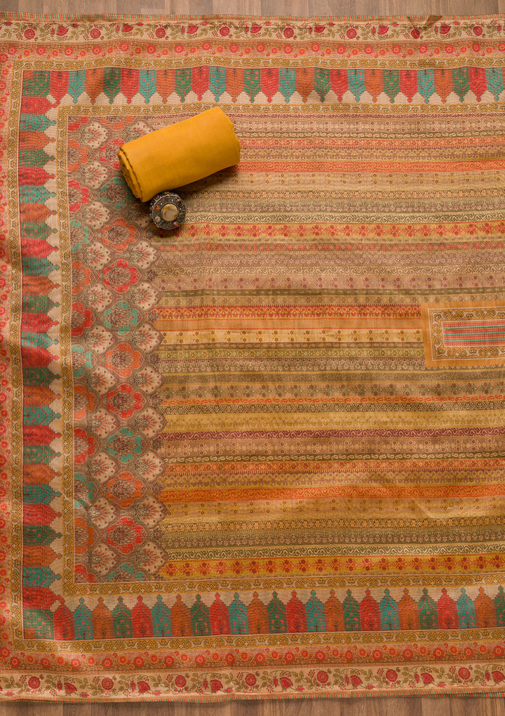 Mustard Threadwork Chanderi Unstitched Salwar Suit