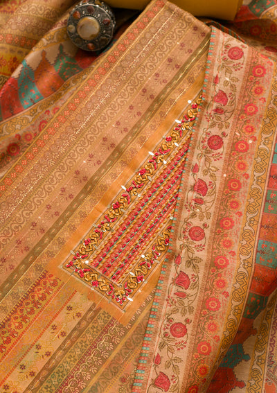 Mustard Threadwork Chanderi Unstitched Salwar Suit