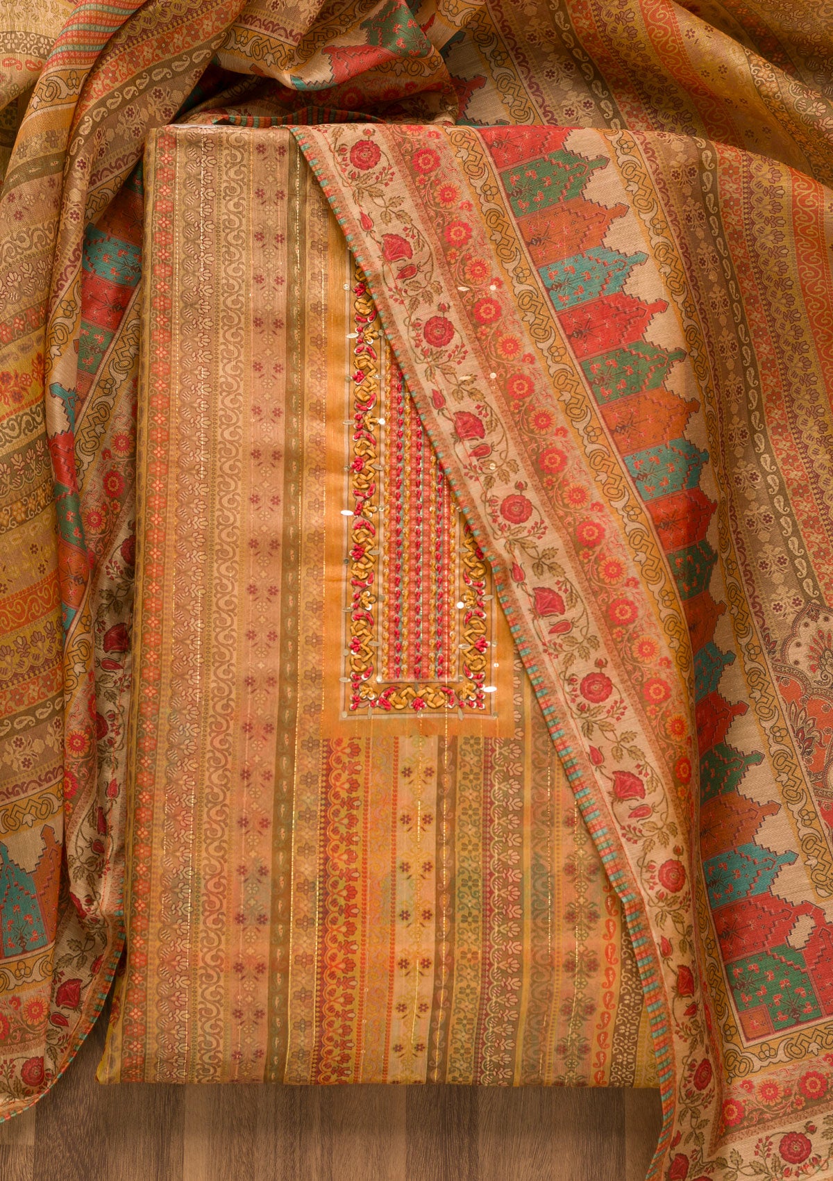 Mustard Threadwork Chanderi Unstitched Salwar Suit