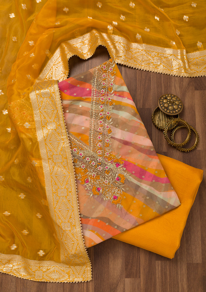 Mustard Threadwork Chiffon Unstitched Salwar Suit