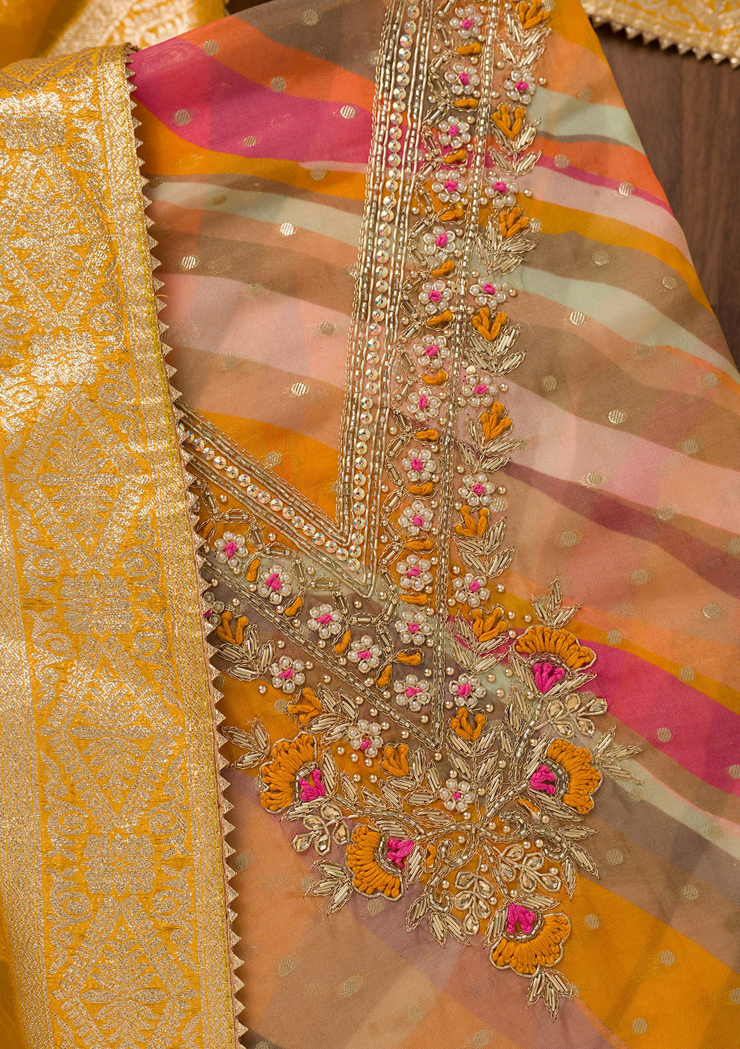 Mustard Threadwork Chiffon Unstitched Salwar Suit