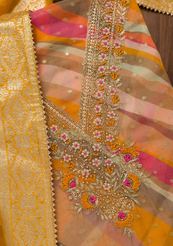 Mustard Threadwork Chiffon Unstitched Salwar Suit