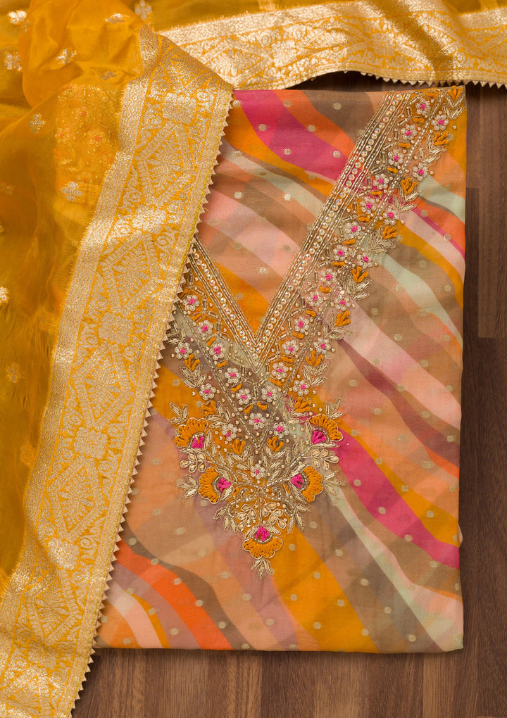 Mustard Threadwork Chiffon Unstitched Salwar Suit