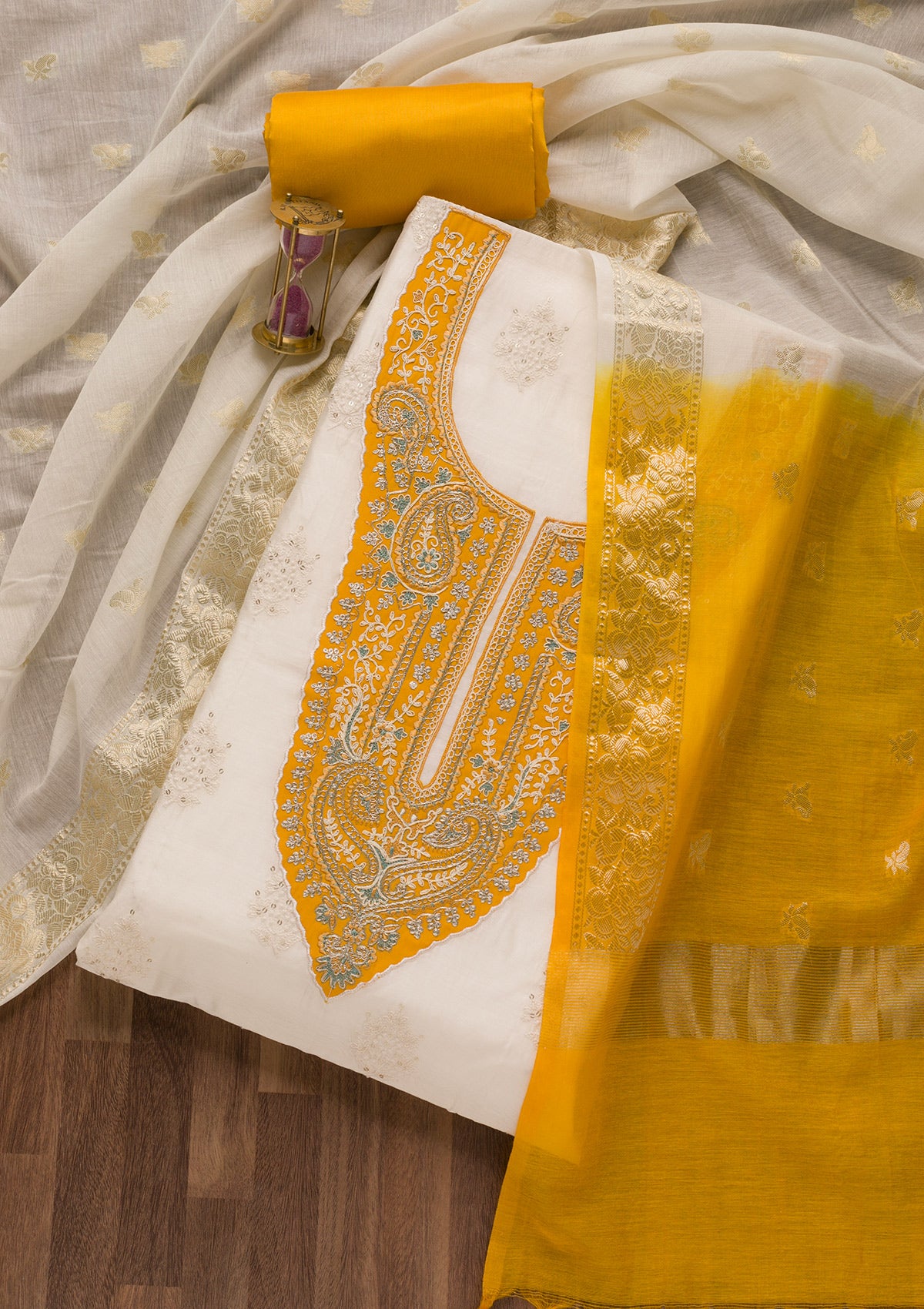 Mustard Threadwork Cotton Unstitched Salwar Suit