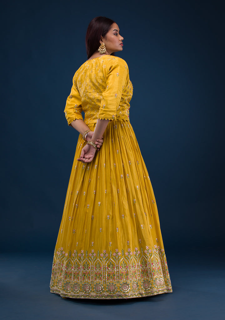 Mustard Threadwork Crepe Readymade Lehenga
