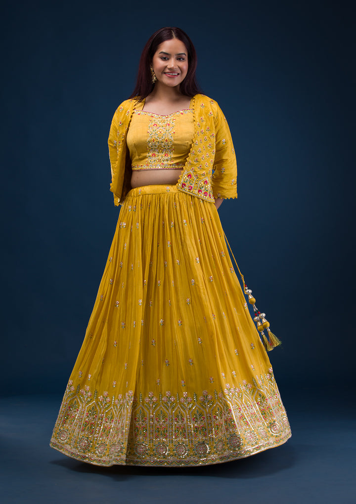 Mustard Threadwork Crepe Readymade Lehenga