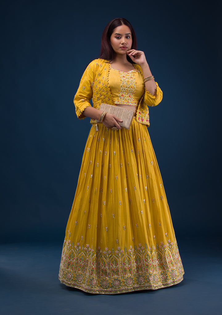Mustard Threadwork Crepe Readymade Lehenga