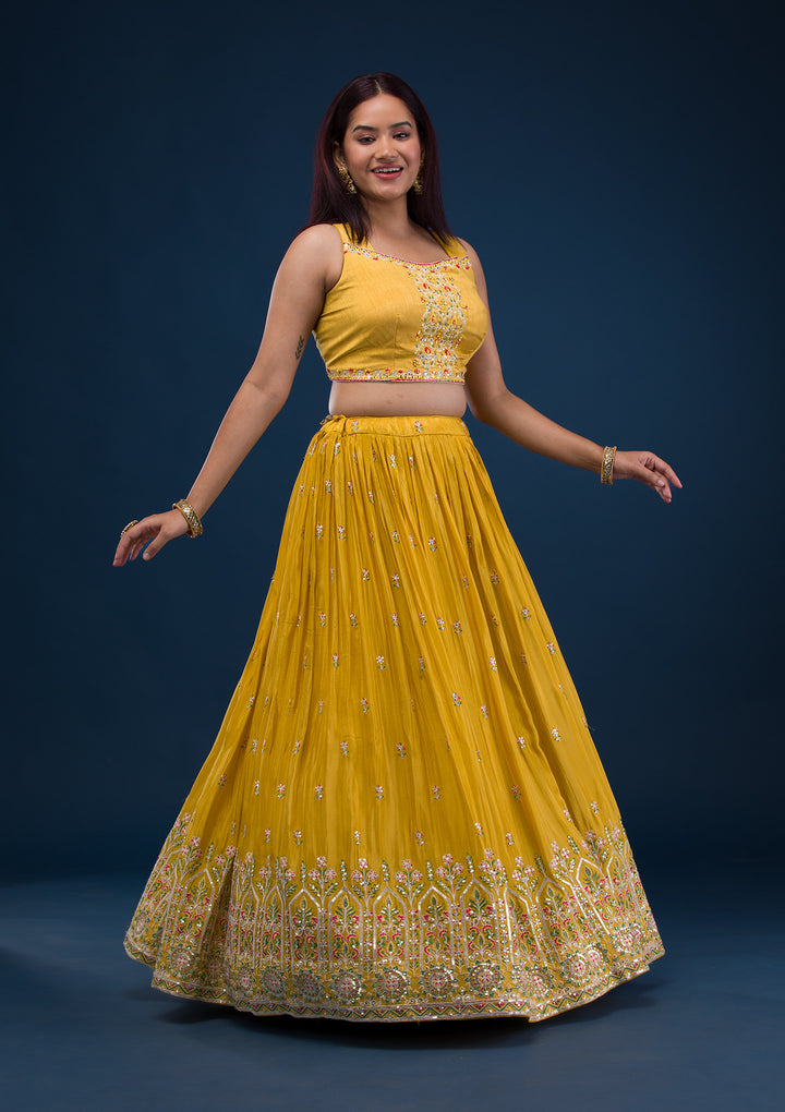 Mustard Threadwork Crepe Readymade Lehenga