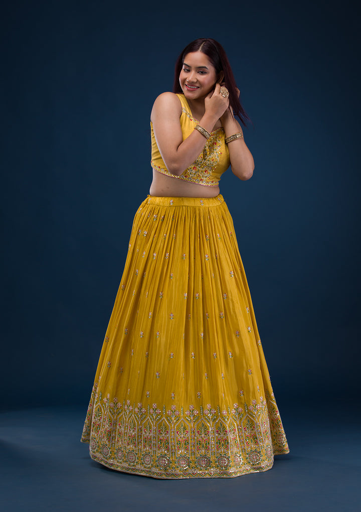 Mustard Threadwork Crepe Readymade Lehenga