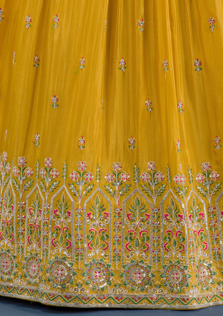 Mustard Threadwork Crepe Readymade Lehenga