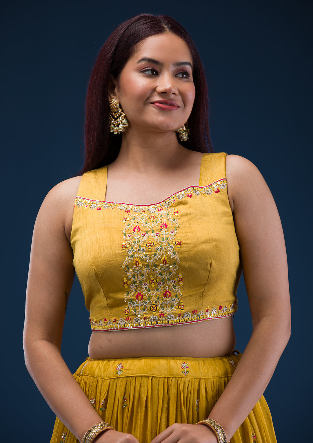 Mustard Threadwork Crepe Readymade Lehenga