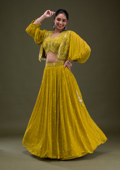 Mustard Threadwork Georgette Readymade Salwar Suit