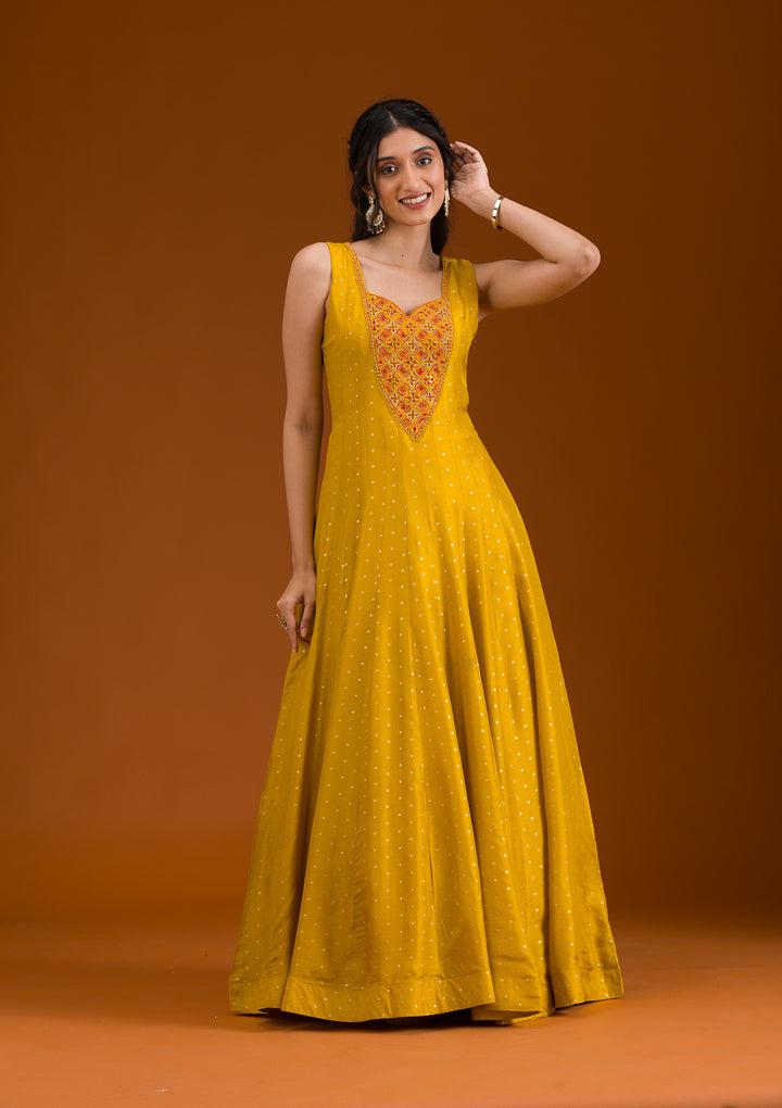 Mustard Threadwork Georgette Readymade Salwar Suit