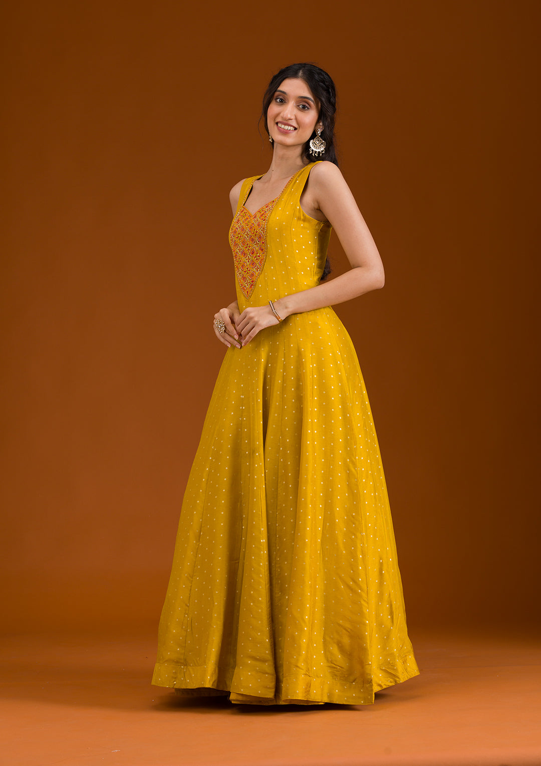 Mustard Threadwork Georgette Readymade Salwar Suit