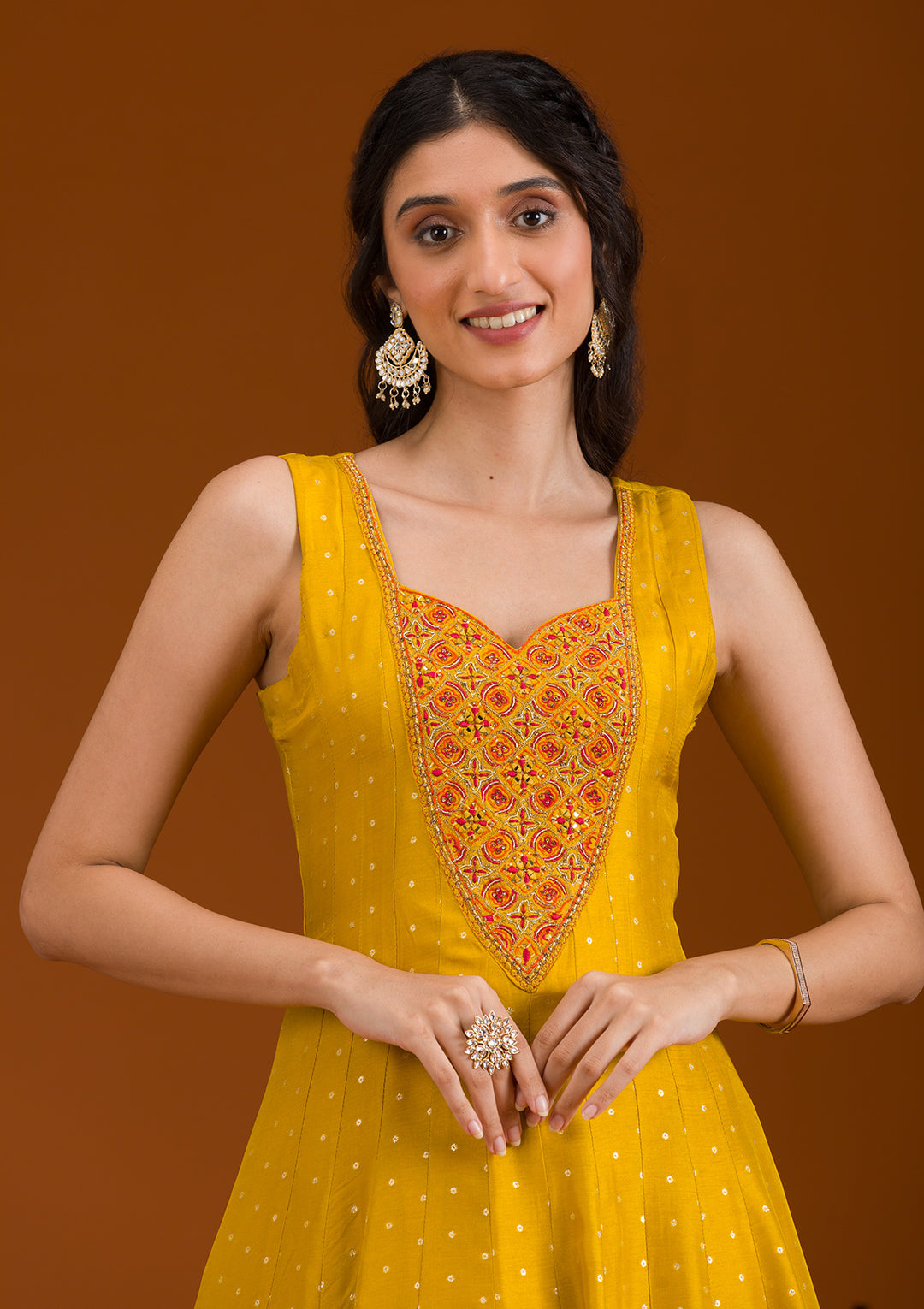 Mustard Threadwork Georgette Readymade Salwar Suit