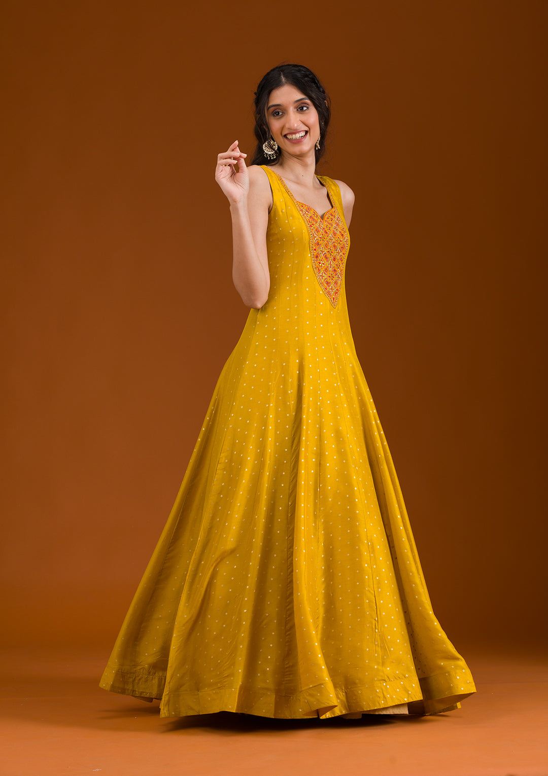 Mustard Threadwork Georgette Readymade Salwar Suit