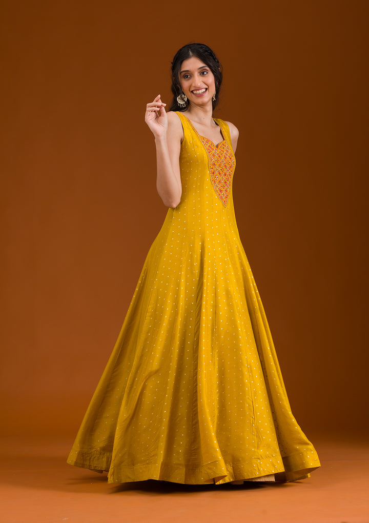 Mustard Threadwork Georgette Readymade Salwar Suit