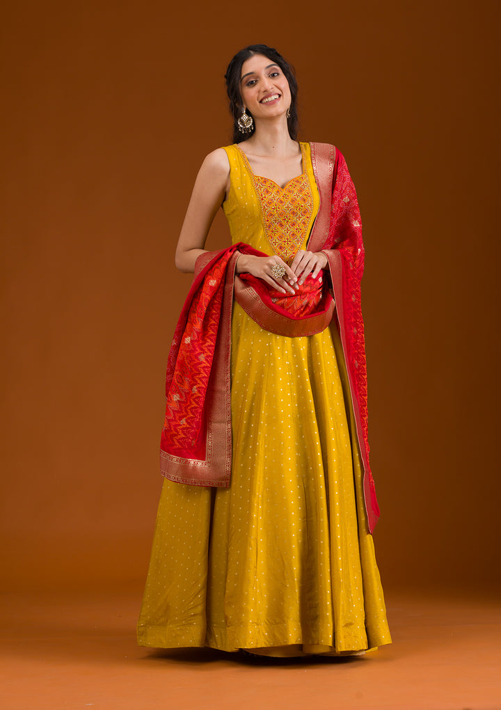 Mustard Threadwork Georgette Readymade Salwar Suit