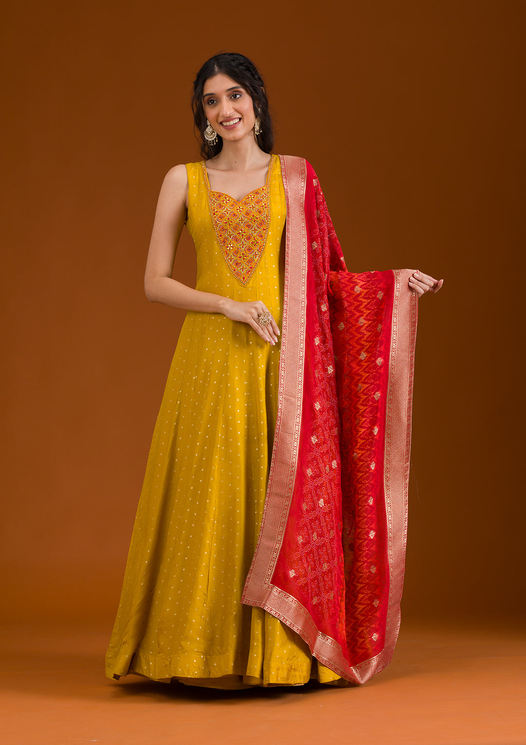 Mustard Threadwork Georgette Readymade Salwar Suit