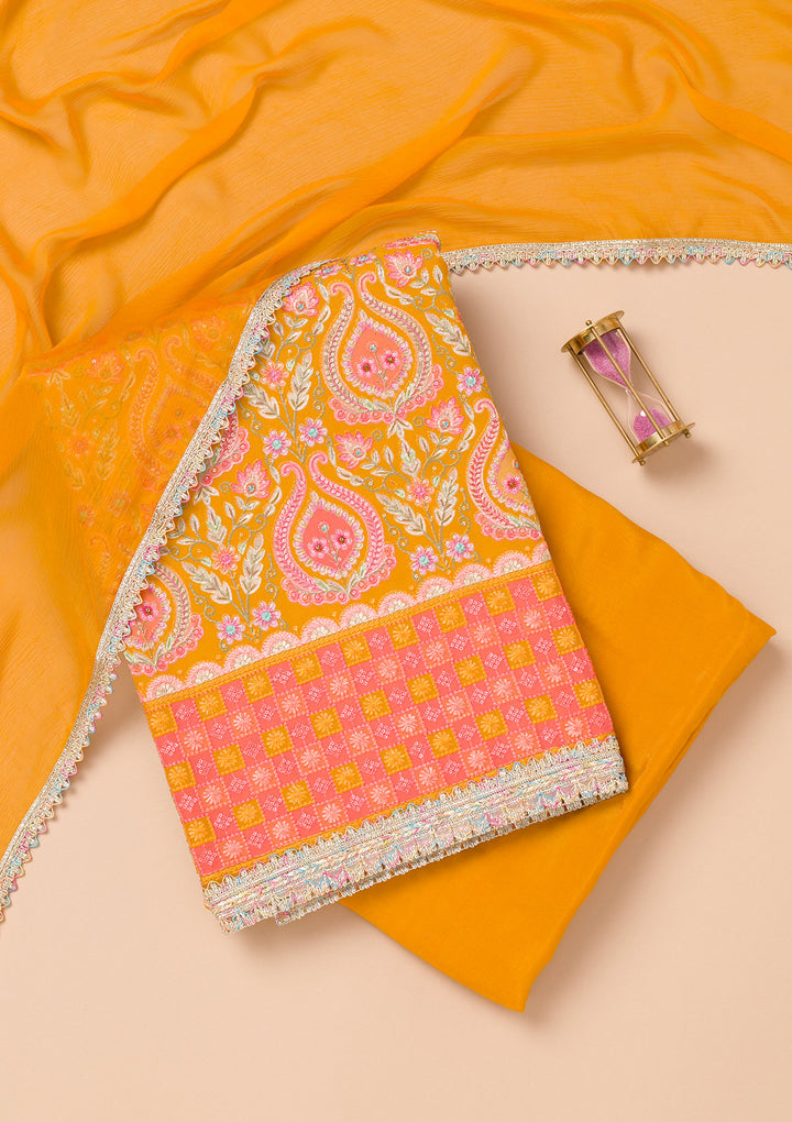 Mustard Threadwork Georgette Unstitched Salwar Suit
