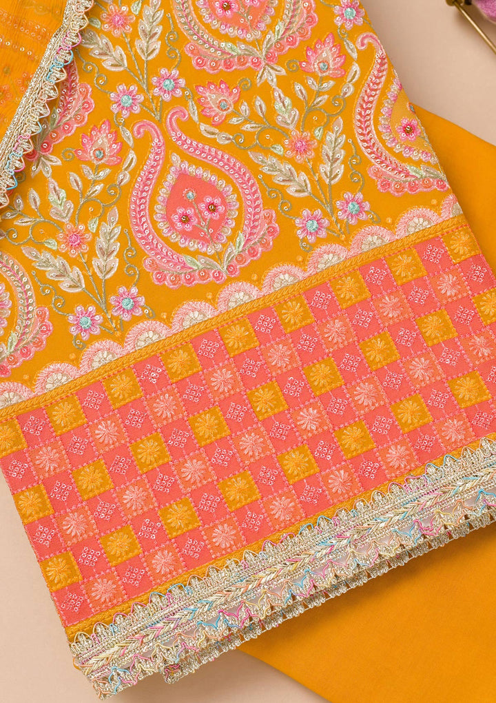 Mustard Threadwork Georgette Unstitched Salwar Suit