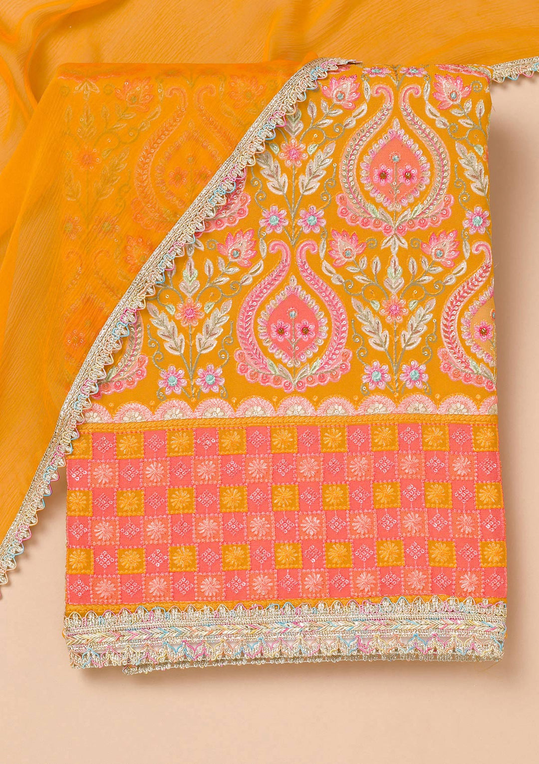 Mustard Threadwork Georgette Unstitched Salwar Suit