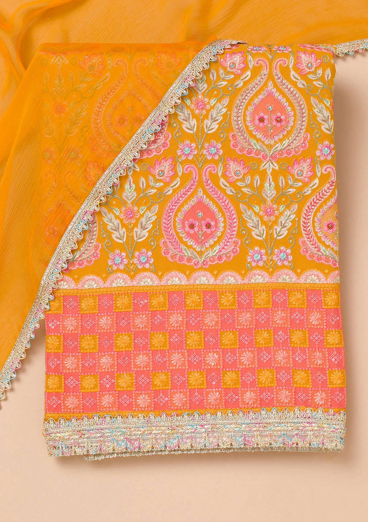 Mustard Threadwork Georgette Unstitched Salwar Suit