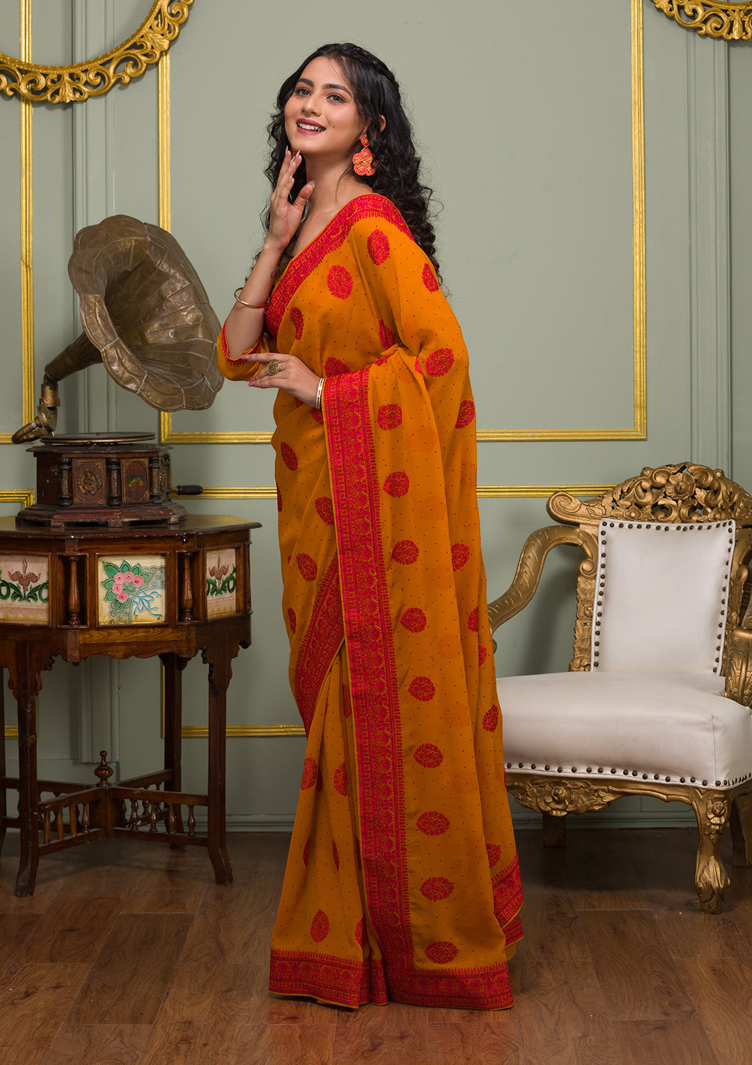 Mustard Threadwork Georgette Saree-Koskii