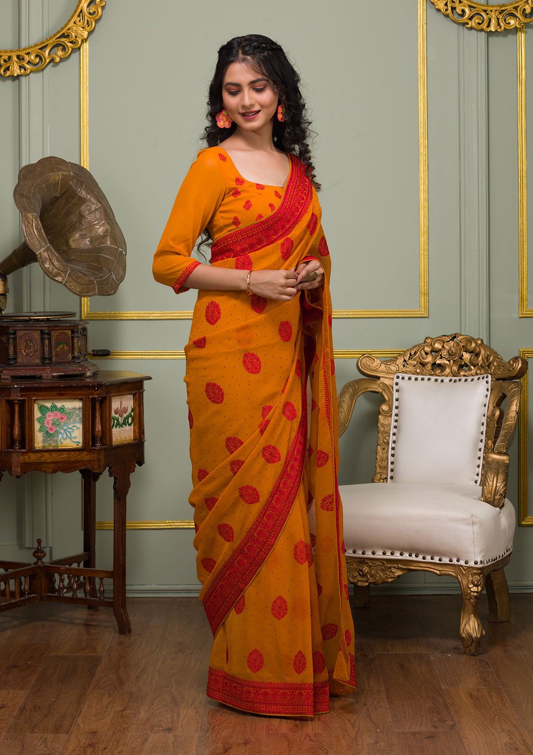 Mustard Threadwork Georgette Saree-Koskii