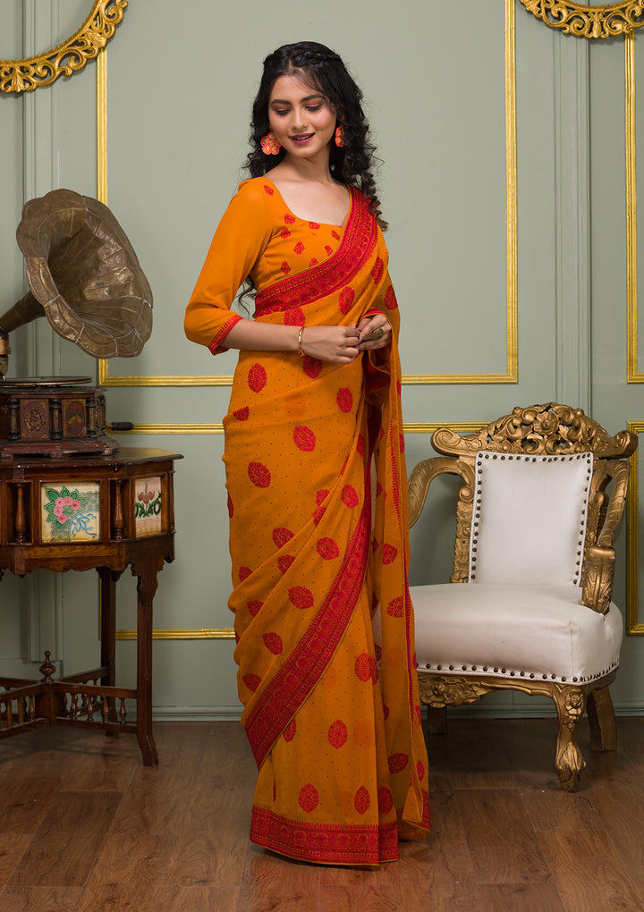 Mustard Threadwork Georgette Saree-Koskii