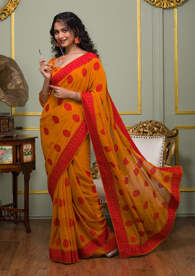 Mustard Threadwork Georgette Saree-Koskii